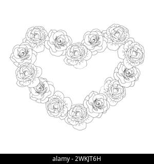 Line art spring camellia flower hearts background, hand drawn floral elements for Valentines day. Vector illustrations for card or invitations, colori Stock Vector