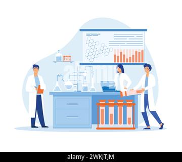 Scientists in lab. People in white coats, chemical researchers with laboratory equipment.flat vector modern illustration Stock Vector