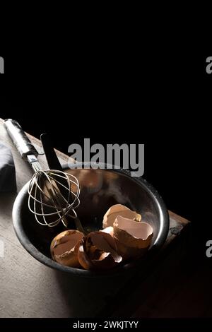 Cracked eggshells and whisk on the table, space for text Stock Photo