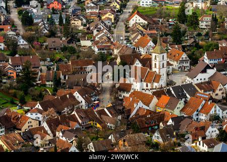 Elevated view of the fortified Church of Saint Arbogast at municipality of Muttenz. Canton of  Basel-Land, Switzerland. The church is the only one in Stock Photo