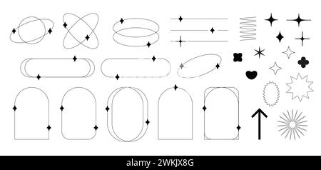 Set of design elements in trendy y2k style. Oval frames with stars, hearts, arrows, etc Stock Vector