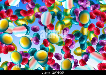 Flying easter eggs of different sizes and colors on a blue white gradient background. Stock Photo