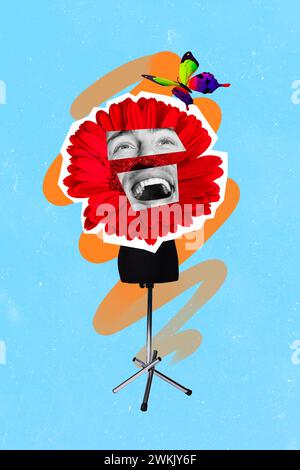 Vertical collage picture of mannequin big flowers pieces excited black white colors guy face flying butterfly isolated on blue background Stock Photo