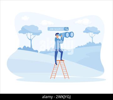 Businessman climb a ladder on job search bar with binocular to see opportunity and vacancy. flat vector modern illustration Stock Vector