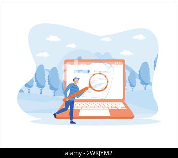 Unemployment person hold magnifying glass to look at job description hard copy which come out of laptop screen. flat vector modern illustration Stock Vector