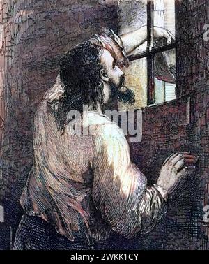 Edmond Dantes, alias the Count of Monte Cristo (Monte Cristo) in prison -  illustration for The Count of Monte Cristo, novel by Alexandre Dumas (1802-1870) Stock Photo