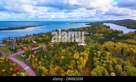 Aerial Autumn Village by Lake Superior Stock Photo