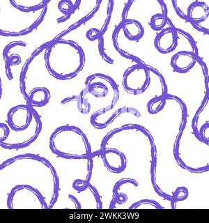 Seamless pattern of bright colorful abstract squiggles print, continuous line, textured scribble spiral and wavy lines. retro 80s. Chaotic ink crayon Stock Vector