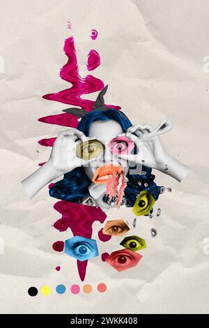 Portrait collage painted picture exclusive magazine of sadness young lady holding pieces eyeballs isolated on gray color background Stock Photo
