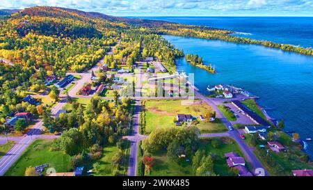 Aerial View of Autumn Lakeside Town in Michigan at Sunrise Stock Photo