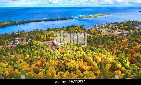 Aerial Autumn Splendor by the Lake in Michigan Stock Photo