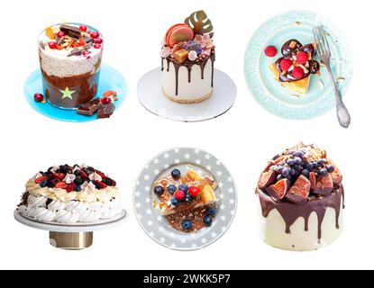 Set of isolated homemade desserts and cakes with fresh berries. Chia pudding, pavlova, slice of cheesecake and cakes on colorful plates. Ideas for men Stock Photo