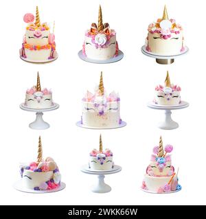 Set of beautiful birthday unicorn cakes with golden horns, eyelashes and cream cheese frosting isolated on white background, png Stock Photo