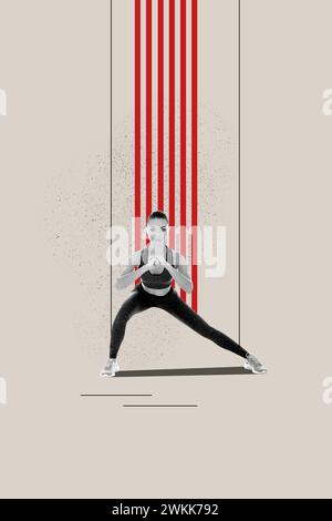 Artwork magazine collage picture of sportive lady enjoying doing exercises isolated beige grey color background Stock Photo