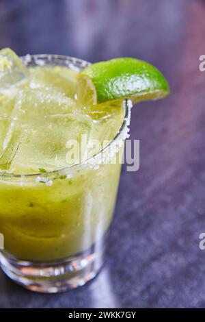Refreshing Margarita Cocktail with Lime and Salt, Eye-Level View Stock Photo