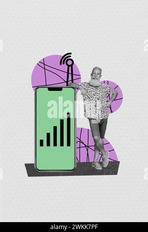 Collage 3d pinup pop sketch image of cool mature guy sharing wifi modern gadget isolated white color background Stock Photo