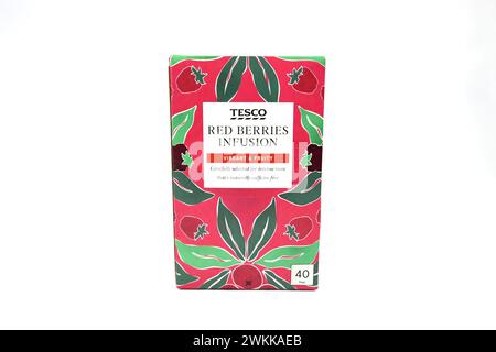 Tesco red berries infusion hibiscus tea bags – Wales, UK – 19 February 2024 Stock Photo