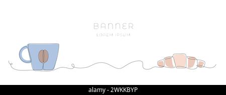 Linear hot coffee cuo with fresh croissant vector banner. Simple line elements poster for menu. Stock Vector