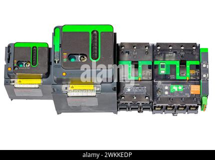 A group of case-mounted circuit breakers with effective protective functions and reliable electronics. Isolated on a white background. Stock Photo