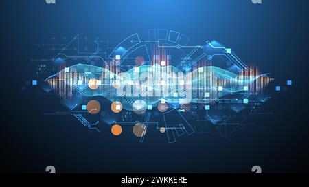 Big Data. Abstract digital futuristic vector illustration on technology background. Data mining and management concept. Hand drawn art. Stock Vector