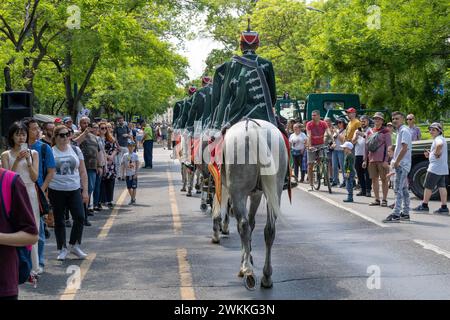 Hungarian hussars in traditional uniform ride in Budapest on National Defense Day. Budapest, Hungary - May 21, 2023 Stock Photo