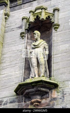 Statue of William Wallace mounted into the Wallace Tower, High Street, Ayr, Ayrshire, Scotland, UK. Wallace Tower is a 113ft high, neo- gothic tower, Stock Photo