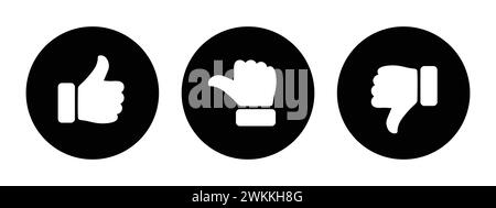 Like, dislike and neutral thumb symbols in white and black circle. Feedback and rating thumbs up and thumbs down icons set. Thumbs up, down, sideways. Stock Vector