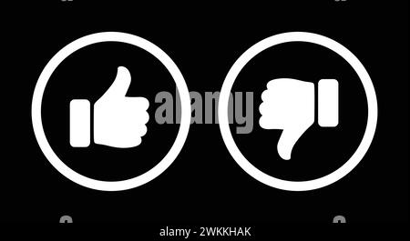 Like and dislike symbol icon set in white circle. Thumbs up and down flat icon in white color outline. Rating and feedback Thumbs-Up and Thumbs-down. Stock Vector