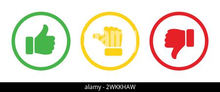 Like, dislike and neutral thumb symbols in green, yellow and red color outline. Feedback and rating thumbs up and thumbs down flat icon set isolated. Stock Vector