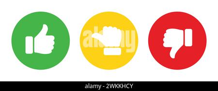 Like, dislike and neutral thumb symbols in green, yellow and red color. Feedback and rating thumbs up and thumbs down icons set. Thumbs up, down. Stock Vector