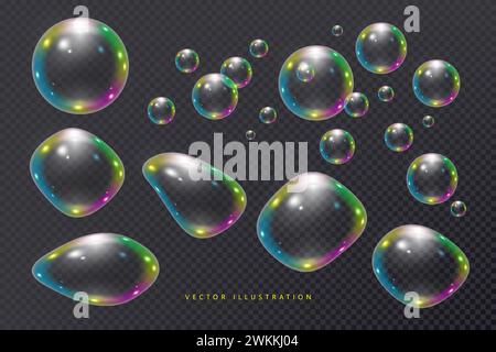 Realistic Flying Soap bubbles. Vector illustration in 3D style Stock Vector