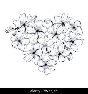 Line art poppies flower hearts background, hand drawn floral elements for Valentines day. Vector illustrations for card or invitations Stock Vector