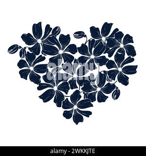 Silhouette poppies flower hearts background, hand drawn floral elements for Valentines day. Vector illustrations for card or invitations Stock Vector