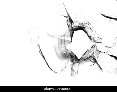 Beautiful texture of broken window with hole on white background. Stock Photo
