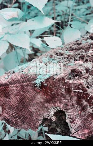 Mossy Tree Log Texture in Infrared Forest - Close-Up Perspective Stock Photo