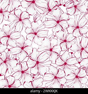 Floral ink hand drawn design. Red poppies line art flower, seamless pattern for textile, scrapbook , wallpaper. Vector background. Stock Vector