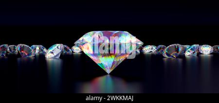 Brilliant diamond stands out among gems against a dark background with reflections 3d render Stock Photo