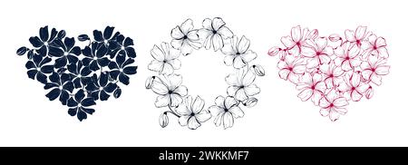 Line art, silhouette poppies flower hearts and wreath background, hand drawn floral elements for Valentines day. Vector illustrations for card or invi Stock Vector