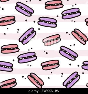 Macaroon seamless pattern with sweet desert food. Hand drawn colorful cake vector illustration background for surface design, textile, fabric, scrapbo Stock Vector