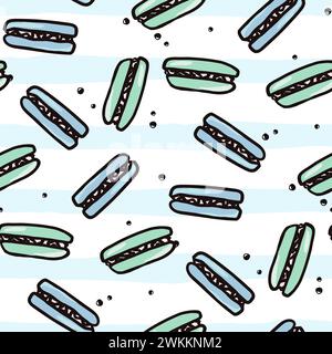 Macaroon seamless pattern with sweet desert food. Hand drawn colorful cake vector illustration background for surface design, textile, fabric, scrapbo Stock Vector