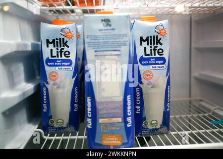 Close up a group of Milk Life Full Cream on the fridge Stock Photo