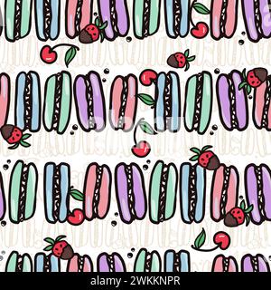 Macaroon with cherry and strawberry fruit seamless pattern with sweet desert food. Hand drawn colorful cake vector illustration background for surface Stock Vector
