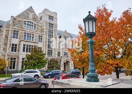 Gothic University Building in Autumn - Michigan Campus Stock Photo