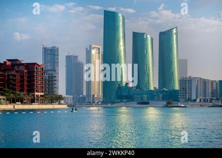 Bahrain Financial Harbor, Harbor Towers, Bahrain Skyline view sunset sunrise Stock Photo