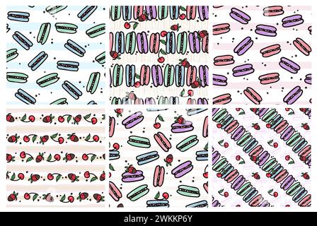 Macaroon and summer fruit seamless pattern set with sweet desert food. Hand drawn colorful cake vector illustration background for surface design, tex Stock Vector