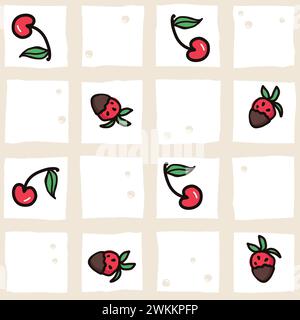 Cherry and strawberry fruit seamless pattern. Summer berries, fruits with leaves, vector background. Hand drawn doodle illustration for cover, fabric, Stock Vector