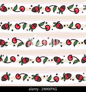 Cherry and strawberry fruit seamless pattern. Summer berries, fruits with leaves, vector striped background. Hand drawn doodle illustration for cover, Stock Vector