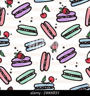 Macaroon seamless pattern with sweet desert food. Hand drawn colorful cake vector illustration background for surface design, textile, fabric, scrapbo Stock Vector