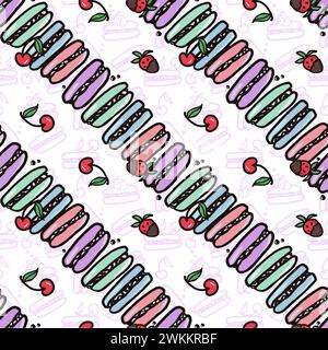 Cherry and strawberry fruit seamless pattern. Summer berries, fruits with leaves, vector background. Hand drawn doodle illustration for cover, fabric, Stock Vector