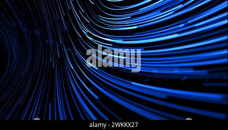 Descending and expanding stream of moving blue lines from dots on a black background. Flying blue particles. 3D render. Stock Photo
